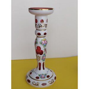 Vintage 1930’s Bohemian Cranberry White Overlay Floral Glass Pink Interior 11"